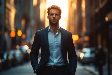 Fototapeta premium Confident businessman walking in city at sunset