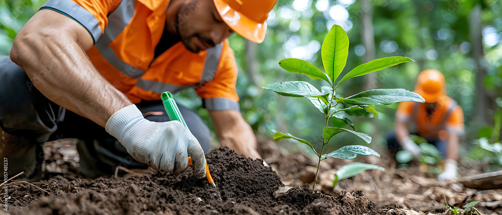 Poster engineers conducting soil testing with advanced tools in a dense forest environment for sustainable 