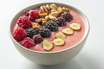 Bowl of mixed fresh berries and nuts on pink yogurt