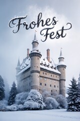 Fototapeta premium A snowy winter scene outside a majestic castle adorned with festive decorations in a serene landscape under a clear blue sky