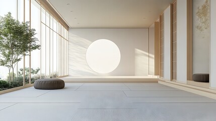 Empty room in a modern minimalist house with white wall wallpaper, in the style of Japanese zen inspired, beige, minimalist stage design
