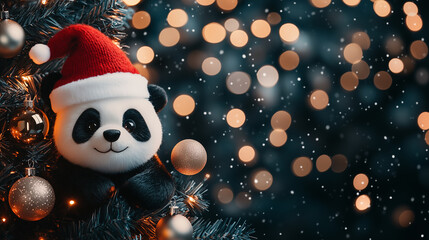 panda shaped christmas oranement hanging on pine tree