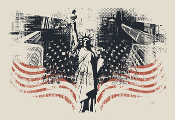 Vector banner or card with the famous American Statue of Liberty on the background of silhouettes New York skyscrapers and flag USA. Decorative illustration of US landmark in grunge style