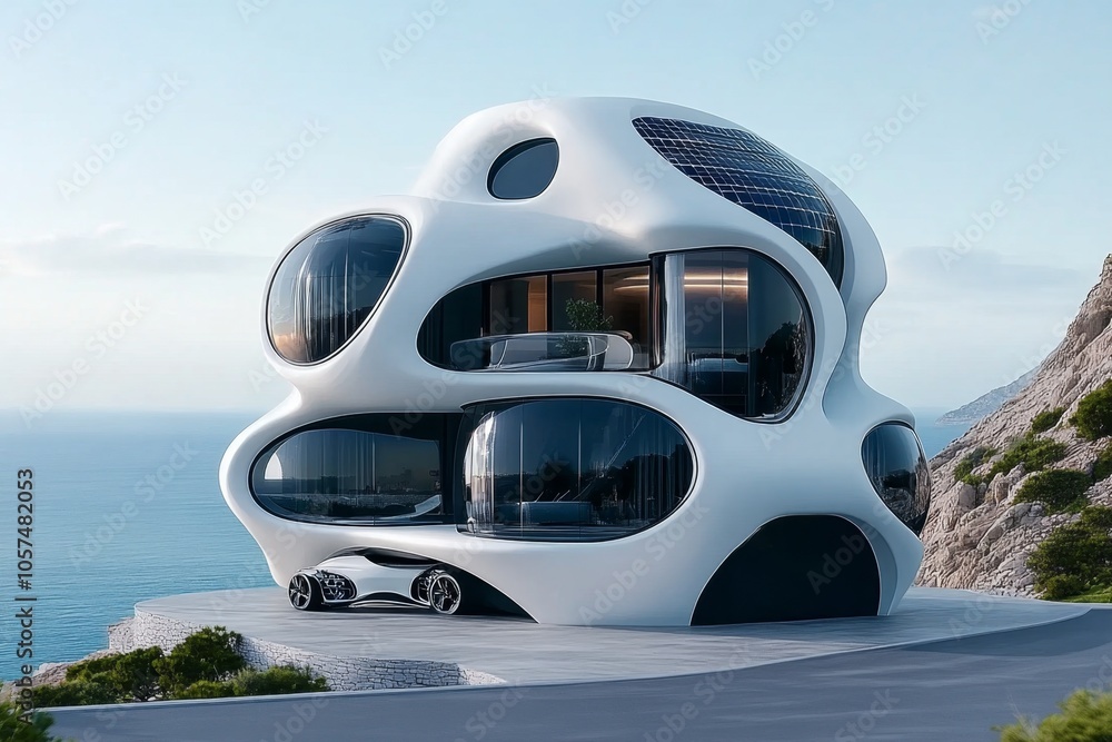 Poster Blueprint of a futuristic house with rotating floors, solar windows, and automated features, capturing the advanced design in architectural innovation, symbolizing future and adaptability