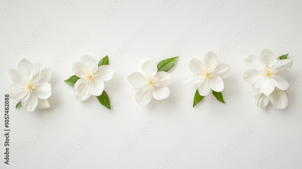 Poster white flowers are arranged in a row on a white background