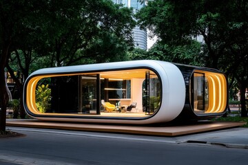 Blueprint of a high-tech, modular home with robotic features and adaptive interiors, symbolizing the future of personalized living spaces, symbolizing technology and versatility