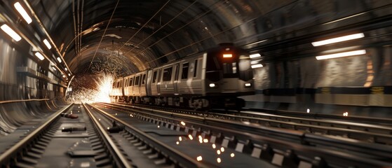 Obraz premium A rushing subway train zooms through an underground tunnel, capturing the thrill and momentum of city life in a fleeting moment.