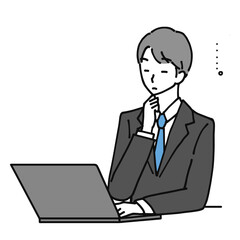 Illustration of a young businessman looking at a laptop computer and thinking.