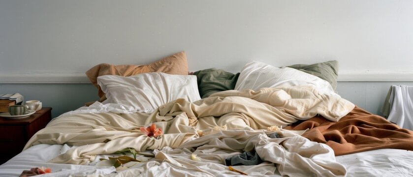 A cozy, unmade bed with scattered rose petals and soft pillows, suggestive of romance, rest, and serene domesticity.