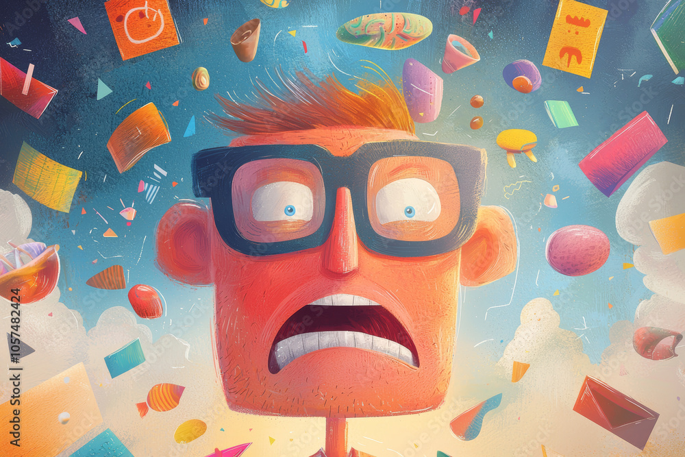 Poster an anxious character surrounded by colorful chaos in a whimsical sky filled with floating objects an