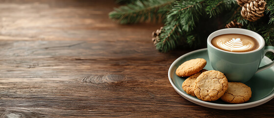 Fototapeta premium Warm cozy moments indulging in cookies and coffee on a rustic wooden table surrounded by nature