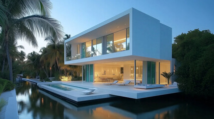 Fototapeta premium モダンでプール付きの建物