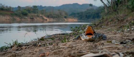 A crocodile basks with jaws wide open on a tranquil riverbank, surrounded by lush greenery and a serene river landscape.