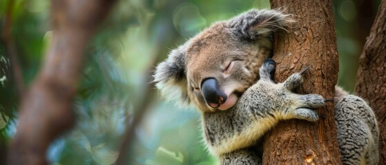 Obraz premium A sleepy koala cuddles a tree trunk amidst verdant surroundings, embodying peace and lethargy in its natural setting.