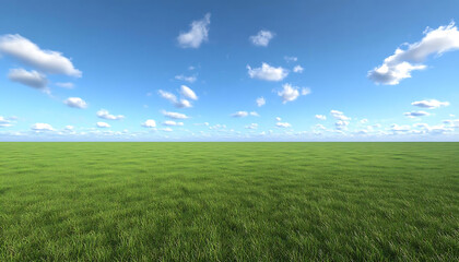 Obraz premium wide open green field under bright blue sky with fluffy clouds