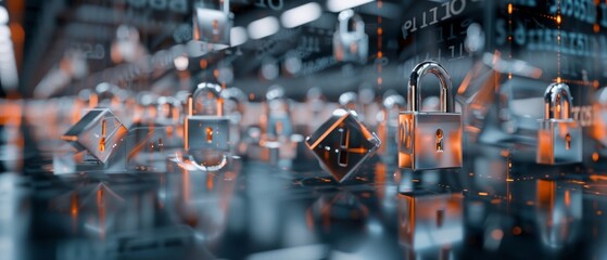 A digital landscape with futuristic padlocks symbolizes cyber security, floating amidst a matrix of glowing data.