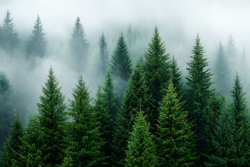 Fototapeta premium Captivating high-altitude view of lush forest landscapes enveloped in mist and subtle light pollution a serene nature experience