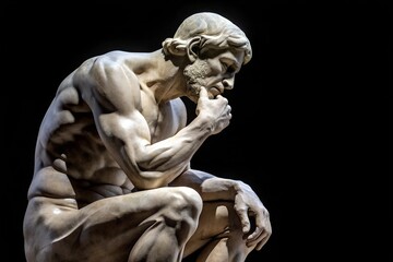  Detailed close-up of a classic marble statue depicting a man deep in thought, capturing the essence of contemplation and philosophy.