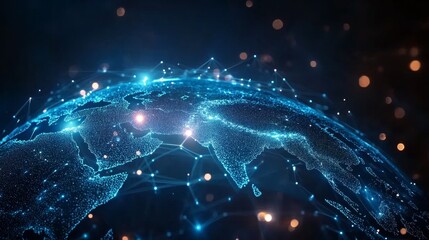 Concept of a blue-glowing global network around Earth, highlighting technology and information flow
