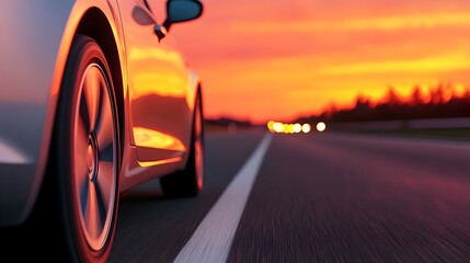 Sunset Lit Silver Car Gliding Along Smooth Asphalt Highway Through Scenic Landscape