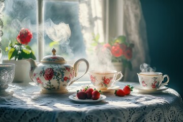 Fototapeta premium A cozy tea setting with steam rising from a beautiful floral teapot and cups. Fresh strawberries add color to the table. Perfect for inviting warmth and comfort. Generative AI