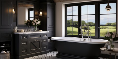 A luxurious bathroom with a freestanding bathtub, large windows, and a vanity with a marble countertop.