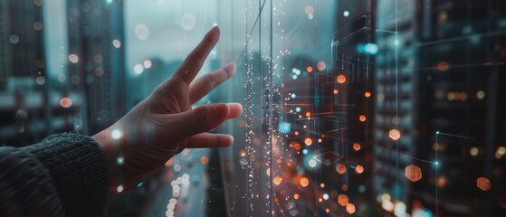 A hand reaches toward a digital interface, merging the contrast of human touch with the glow of urban lights and digital circuitry.