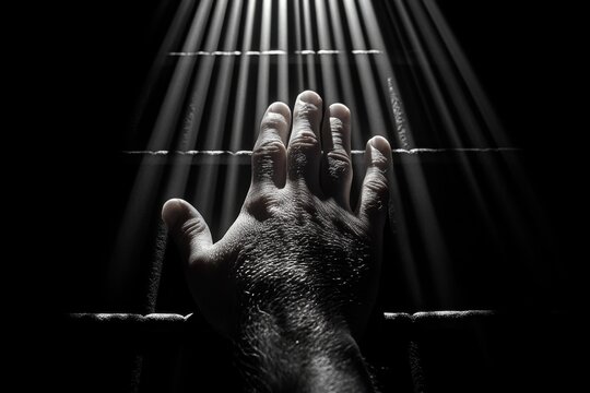 Close-up of a hand reaching out through jail cell bars, capturing the feeling of yearning and confinement, symbolizing entrapment and longing