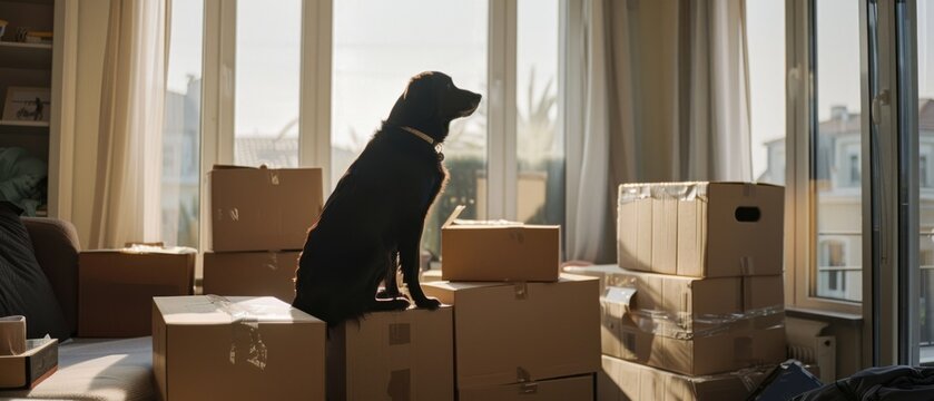 A dog perches atop stacked moving boxes, gazing out of sunlit windows, capturing the essence of transition and anticipation.
