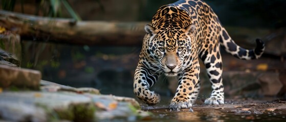 A majestic jaguar prowls through the lush jungle, asserting its dominance and grace amid dappled sunlight and shadowy undergrowth.