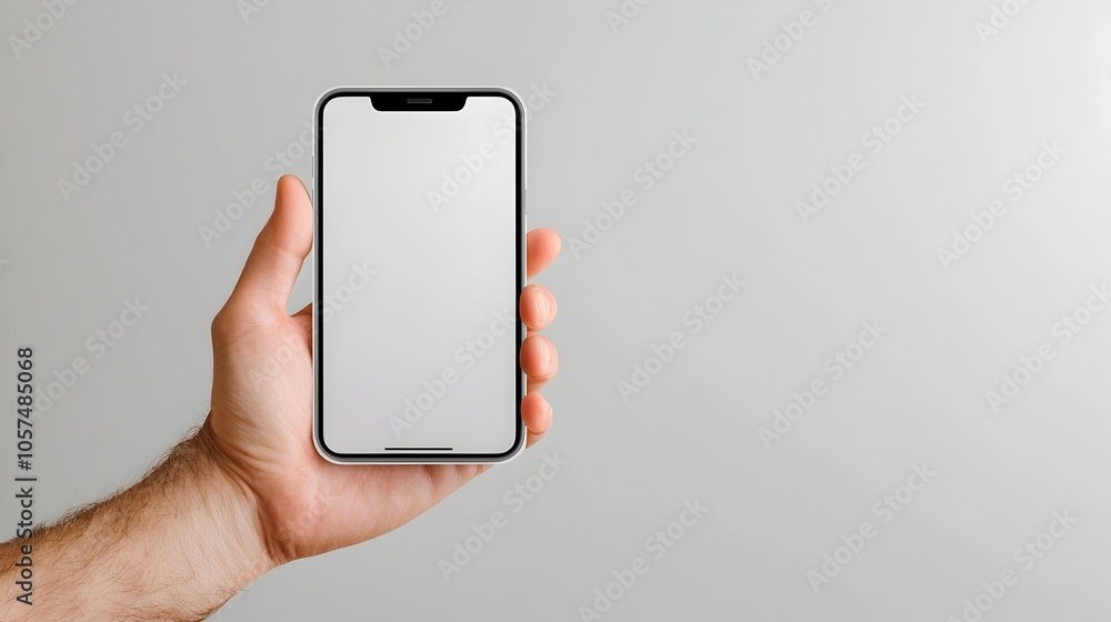 Poster minimalist mockup of a human hand holding a modern smartphone or mobile device with a clean white ba