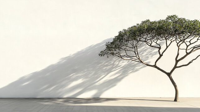 Minimalist tree casting elongated shadows on a smooth white wall, creating a striking contrast with natural light and architectural simplicity in an open space.