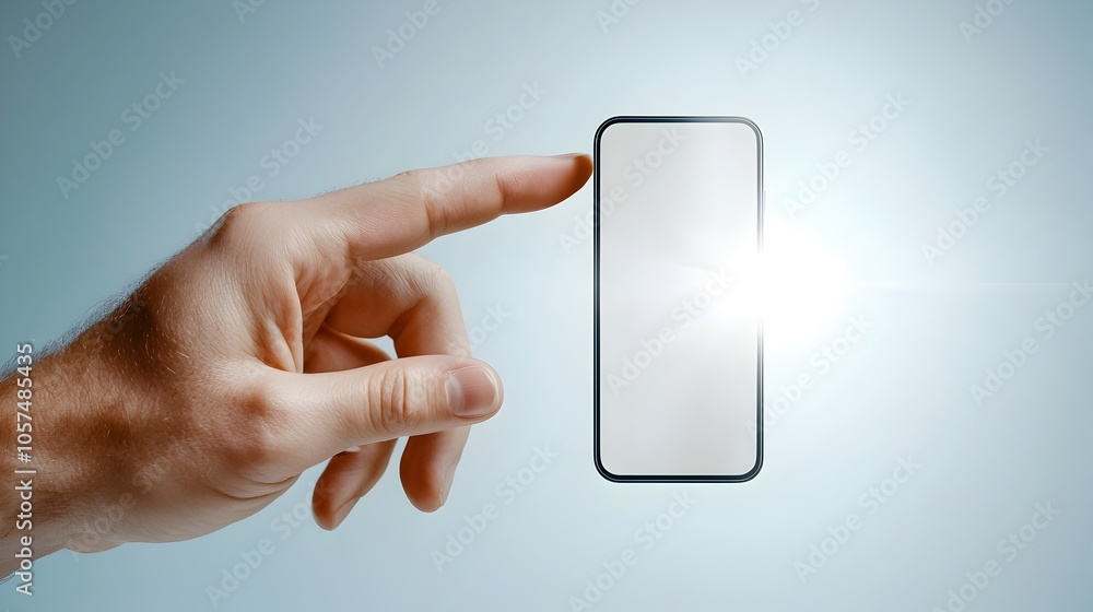 Poster minimalist mockup showing a hand gently tapping on a mobile screen with no content surrounded by a b