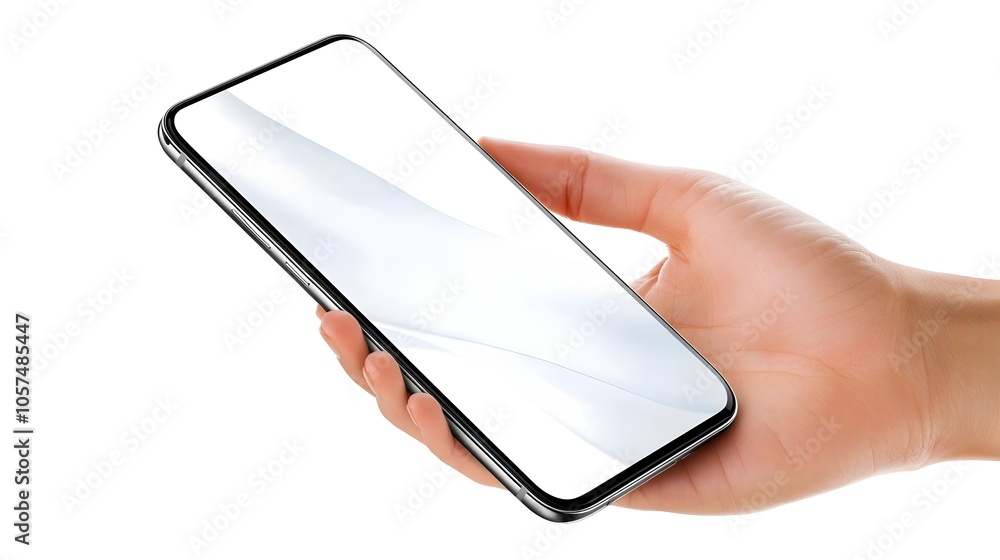 Aufkleber hand of a person presenting an upright mobile phone device with a completely blank white screen isol
