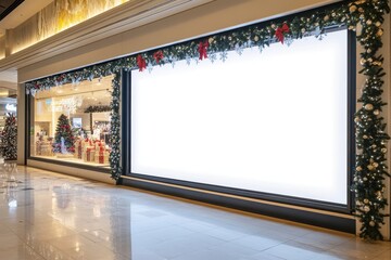 Festively decorated store window with blank sign in a shopping mall during the holiday season