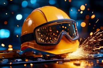 Close-up of safety goggles and helmet with a factory background, highlighting the gear essential to industrial safety standards, symbolizing protection and vigilance