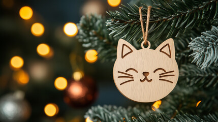 Obraz premium cat shaped wooden christmas ornament