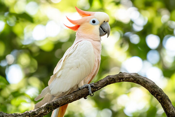 Vibrant crested cockatoo perched on branch in lush greenery