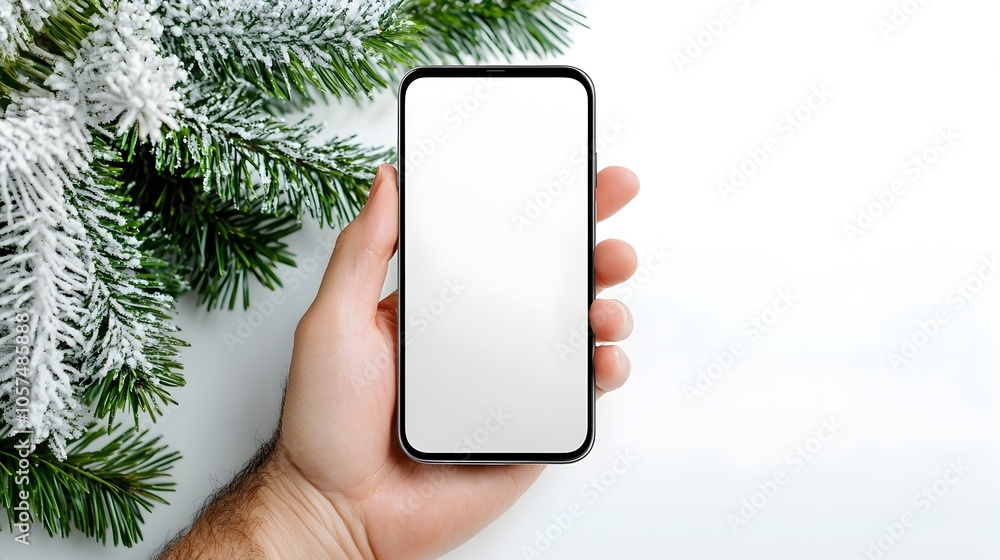 Poster minimalist mockup of a hand holding a mobile phone horizontally against a pure white backdrop with t