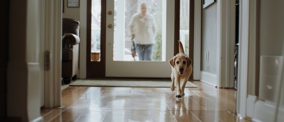 A happy dog excitedly runs toward its owner who enters the sunlit home, reflecting warmth and companionship on the polished wooden floor.