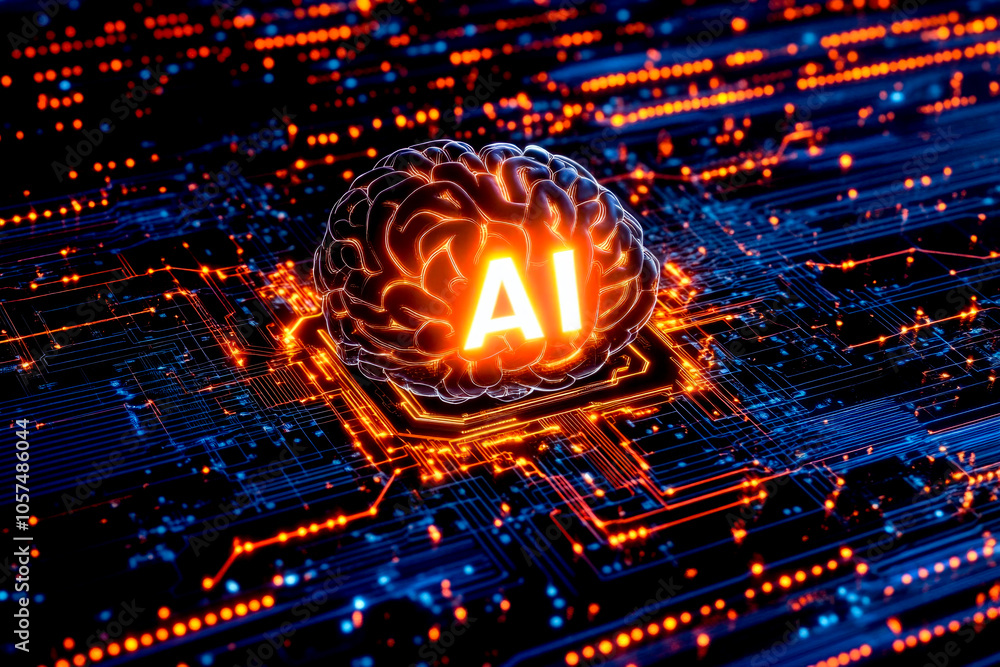Wall mural futuristic ai brain on digital circuit board with glowing microchip elements