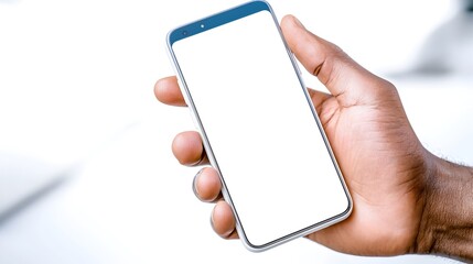 A hand holding a mobile phone in a tilted position showing a completely white screen all set against a bright white background