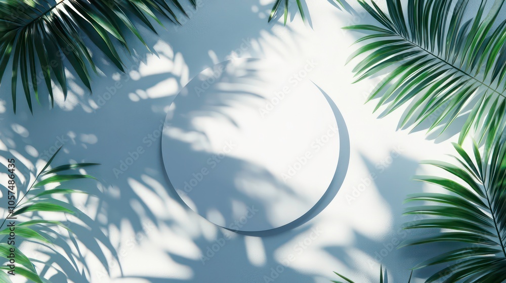 Poster a minimalist scene with palm leaves casting shadows on a white circular surface.
