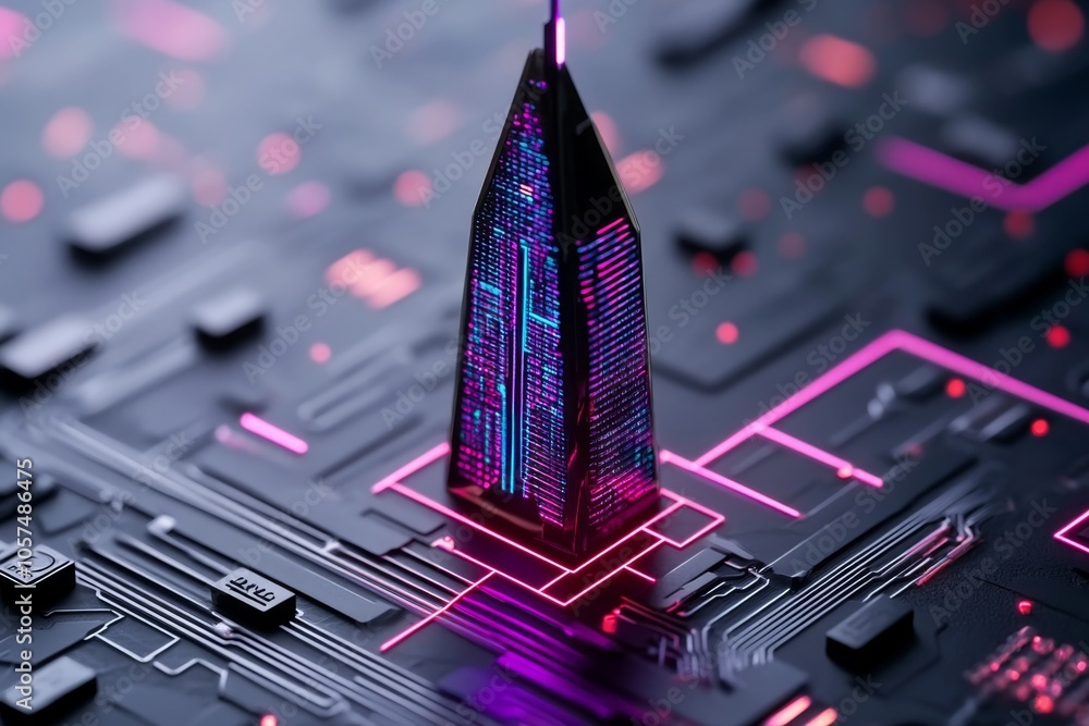 Poster cyberpunk-inspired blueprint of a high-tech skyscraper with neon grid lines, futuristic icons, and h