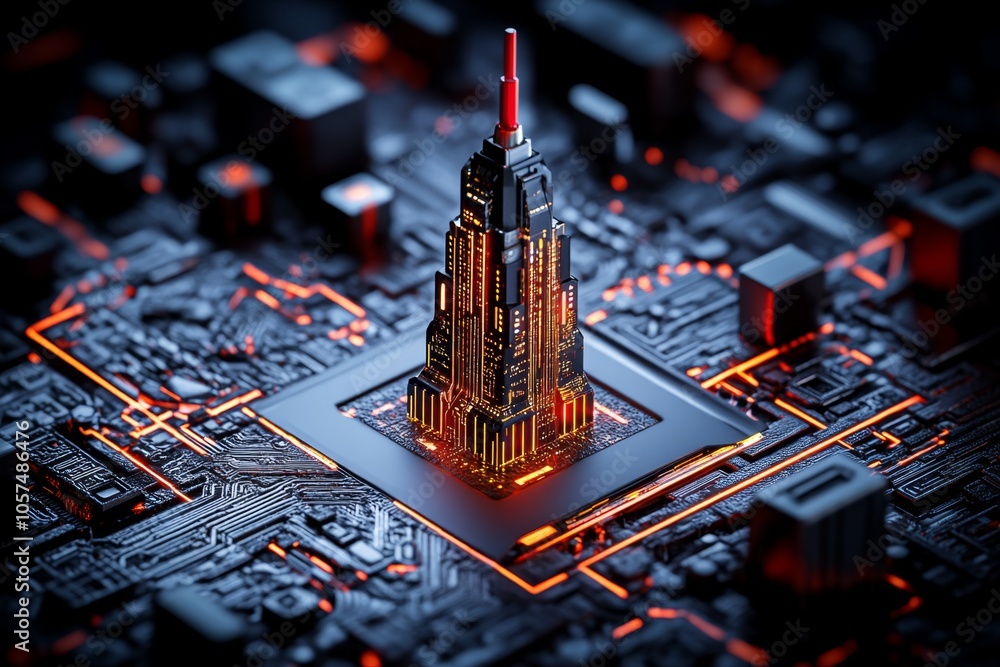 Poster cyberpunk-inspired blueprint of a high-tech skyscraper with neon grid lines, futuristic icons, and h