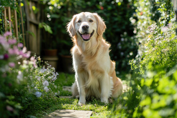 Golden retriever sitting happily in a vibrant green garden with blooming flowers