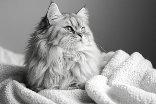 Fluffy gray cat relaxing on cozy blanket in black and white portrait