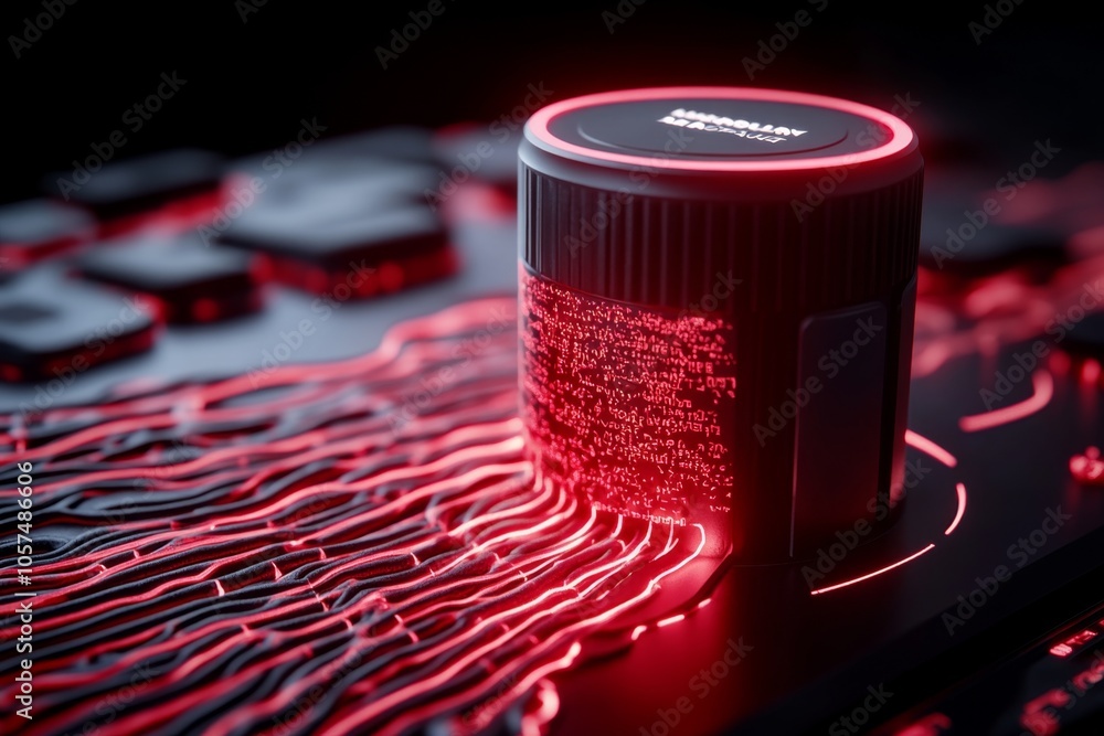 Poster cyberpunk-inspired digital rendering of a hair follicle with neon-lit labels and holographic display