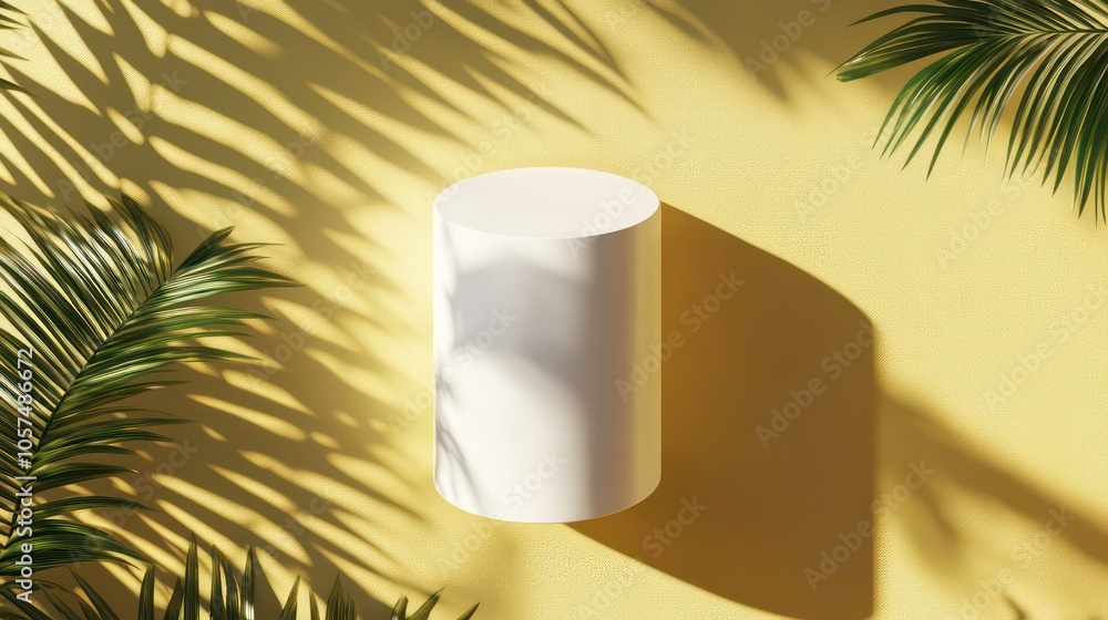 Poster A minimalist design featuring a circular space surrounded by lush palm leaves casting shadows.