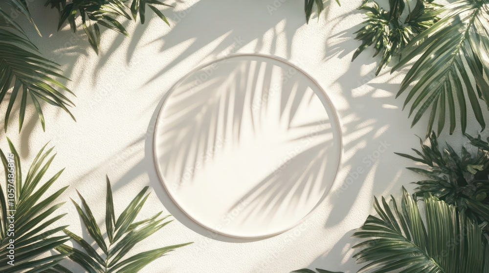 Poster a minimalist design featuring a circular space surrounded by lush palm leaves casting shadows.